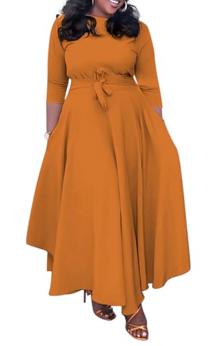 Image of BFFBABY Women's Wrap V Neck Plus Size Maxi Dresses 3 /4 Sleeves Chain Floral Printed Swing Dress with Belt