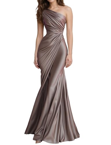 Women's Champagne Satin One-Shoulder Evening Gown,Elegant Fit and Flare Formal Dress for Weddings, Parties, Prom