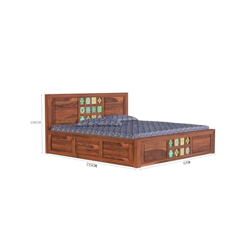 Image of Wooden Queen Size Bed with Storage | Multicolor Tile Design Double Bed Cot with Box Storage for Bedroom & Hotel | Sheesham Wood | Honey | Recommended Mattress Size: 78 X 60
