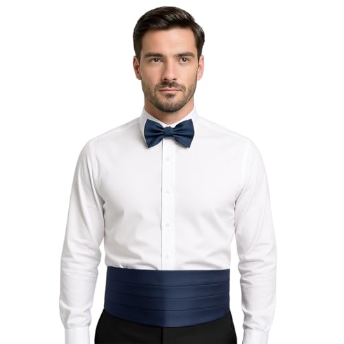 Image of TIE STUDIO Men's cummerbund, pocket square bowtie combo | micro | Superior finishing | Packaging - White Box | Size - adjustable & standard | pack of 3 |
