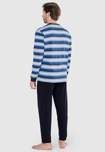 El Búho Nocturno Mens Pajama Set Long Sleeve Cotton Knit Premium Striped Pajama Set for Men, 100% Cotton, Blue 5584, XL3
