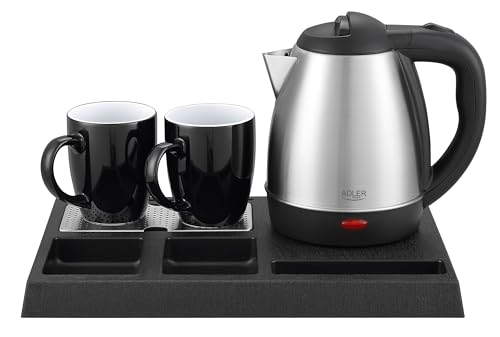 Adler Wasserkocher Set Edelstahl 1,2L mit Tablett & 2 Tassen | Kompakte Teestation & Kaffeebar für Hotel, Büro, Gästezimmer & Home-Office | Welcome Tray für Ordnung & Stil