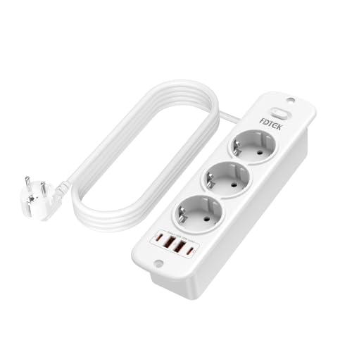 PD 20W Multiprise Intégrée avec 2 USB-A et 2 USB-C, FDTEK Multiprise Encastrable avec Interrupteur, Prise Plan de Travail 3 Prises (4000W/16A), USB Prise Encastrable 2M Câble pour Meuble Bureau