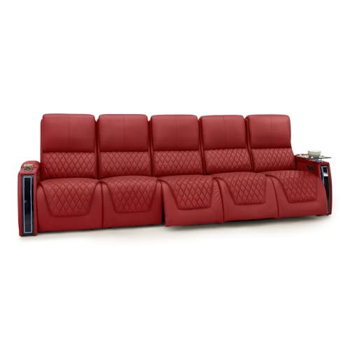 Image of Seatcraft Apex Red Italian Leather Home Theater Seating, Zero Gravity Power Recliner, Powered Headrest and Lumbar Gaming and Home Office Chair, Lounge Sofa Furniture for Cinema Room, Row of 5 Sofa