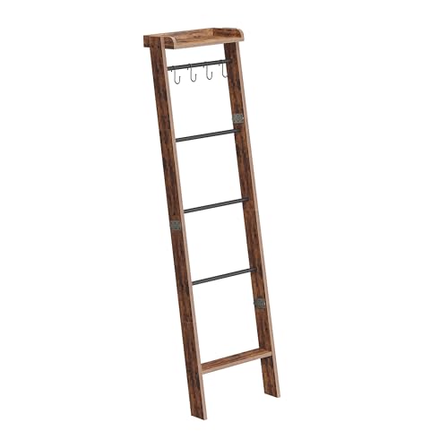 Hzuaneri Blanket Ladder Shelf for Living Room, Decorative Quilt Rack with Storage Shelf, 6-Tier Farmhouse Towel Rack, Ladder Holder Organizer with 4 Removable Hooks for Bedroom, Rustic Brown BR35801B by Hzuaneri - Image 4