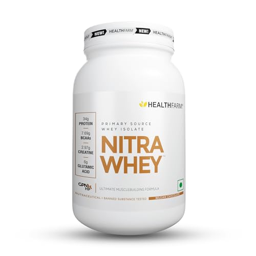 Healthfarm Nitra Whey Protein | 34g Protein Per Serving & 3g Added Creatine | Blend of Isolate & Concentrate Protein (Belgian Chocolate, 1kg)