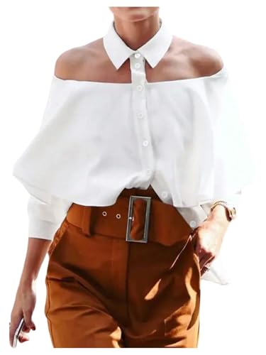 GORGLITTER Women's Off Shoulder Tops Collared Ruffle 3/4 Length Sleeve Button Down Trendy Blouse Shirt