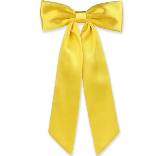 WantGor Long Tail Bow Hair Clips Hair Ribbon Bows Satin Bowknot Clip Large Hair Barrettes Cute Ponytail Holder Hair Accessories for Women Daily Party Wedding Prom (Yellow)