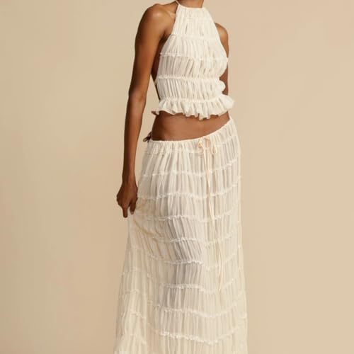 Women 2 Piece Ruffle Maxi Skirt Set Y2k Front Tie Up Tank Top Flowy Ruffle Long Skirts Summer Beach 2Pc Outfits2