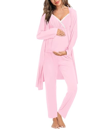 Image of SWOMOG Maternity Nursing Robe Set 3 Piece Breastfeeding Pajamas 3 in 1 Labor Delivery Sleevless Tops&Long Pants Pregnancy Pjs