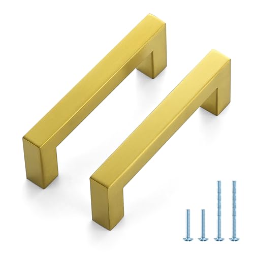 JOY DECOR Gold Cabinet Handles Square Cabinet Pulls, 3-1/2 Inch CC, 2 Pack