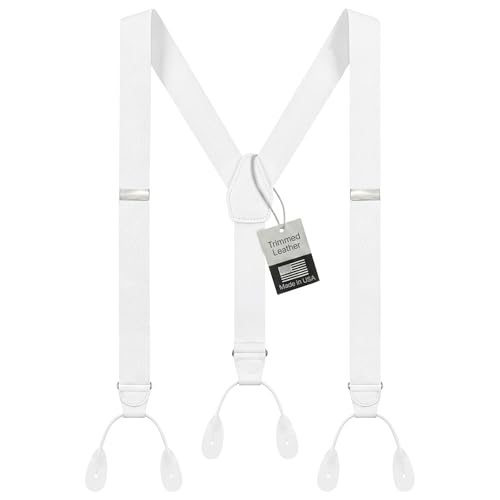 HOLDEM Tuxedo Button Suspenders for Men Black Mens Dress Suspenders | 100% Genuine Leather | Formal Daily Use | Made in USA | Regular 3246 Tall 4054 | White (Tall 54 Long)