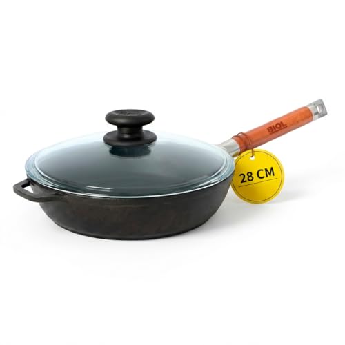 BIOL Gusseisenpfanne 28 cm mit Glasdeckel und Abnehmbarem Holzgriff – Bratpfanne Induktion Ofenfest, Pfanne Gusseisen mit hoher Rand, Pfanne ohne Beschichtung, Gusspfanne für Alle Herdarten