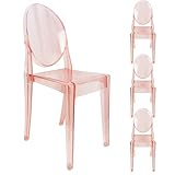 Fohfurniture Set of 4 Clear Pink Ghost Chairs, 15' Seat Modern Acrylic Stacking Chairs, Kitchen and Dining Room, Circle-Back Armless Chair for Events, Weddings, Banquets