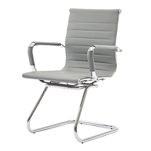 Conference Room Chairs Set of 2, Waiting Room Chairs with Arms, Faux Leather Reception Chairs No Wheels, Office Guest Chairs with Mid Back Support and Chrome Sled Base, Grey
