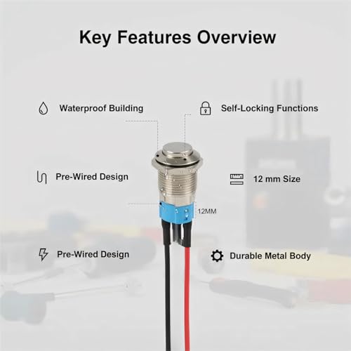 4 Stück Wasserdichter Druckschalter 12mm, Verriegelung Druckschalter,Selbstsichernder Edelstahl Taster IP65 Wasserdicht, mit Kabel vormontiert, Vernickeltes Messing Druckknopf für Auto PC DIY