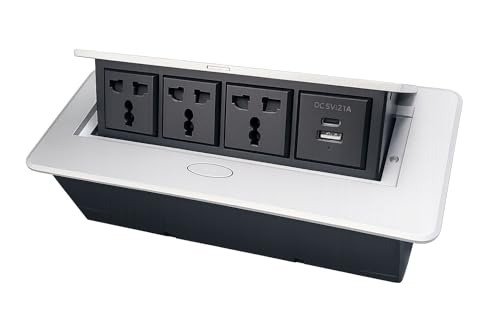 Image of Audiovan Hydraulic Cable Cubby Pop Up Conference Box, Cable Manager Socket Electrical Box With 3 Power Socket and 2 USB socket C type Charger (Silver popup box 3 Power+ 2 USB (A+C TYPE)