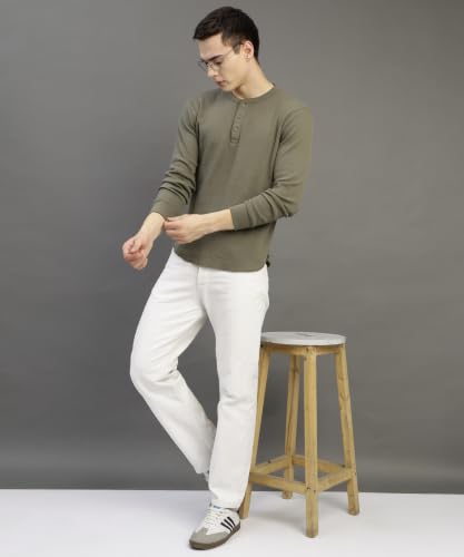 Image of Alan Jones Clothing Men's Regular Fit Waffle Henley Neck Long Sleeve T-Shirt | Cotton Waffle Knit | Casual Full Sleeve Top | Sizes S to 3XL