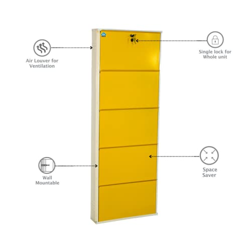 Image of DELITE KOM 24 Inch Wide, 5 Shelf Metal Shoe Rack Wall Mounted for Home with Central Lock Holds Upto 15 Shoes or 25 Slippers Pair | 1 Year Warranty | (67 x 24 x 5 Inch, Ivory Yellow) DIY Space Saving