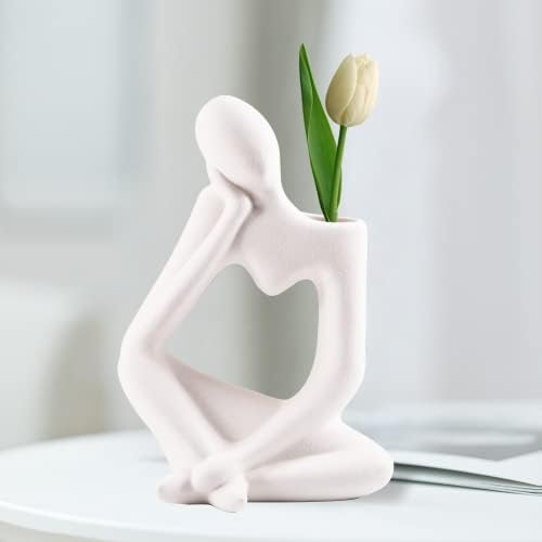 Thinker Style Boho Vase White Ceramic Abstract Vase Sculpture Figure Modern Decor for Table, Living Room, Office,Bedroom Decor Aesthetic, Bookshelf Decor White Vase