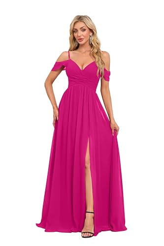 noncey Simple A-line Off The Shoulder Bridesmaid Dresses with Pockets Ruffles Split Formal Evening Party Gowns for Women Long Hot Pink 10 NO108