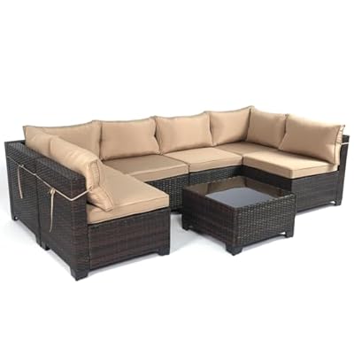 LEVELEVE 7 Pieces Outdoor Patio Furniture Sets,Rattan Conversation Sectional Set,Manual Weaving Wicker Patio Sofa with Tea Table