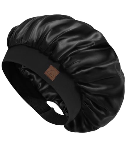 HAT HUT Schlafmütze aus Satin für Damen Herren, Seidenhaube Silk Bonnet Haarhaube, Verstellbares Breites Band, Doppellagig (Schwarz)