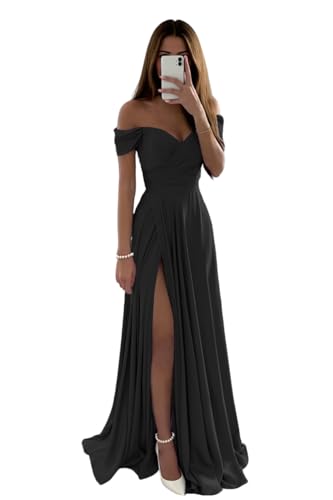 Off Shoulder Bridesmaid Dresses for Women Ruched Satin Prom Evening Party Gown with Slit