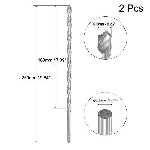 sourcing map 2 Stk HSS Spiralbohrer (Hochgeschwindigkeitsstahl) Extra lange Twist Bohrer 6,5mm Bohrdurchmesser 250mm Länge