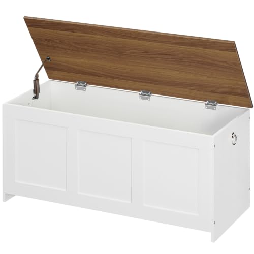 HOOBRO Cassapanca Portaoggetti, Scatola Contenitore con Coperchio Ribaltabile, Grande Capacità Multiuso, per Ingresso, Camera da Letto, Soggiorno, Bianco e Noce EWH141CW01