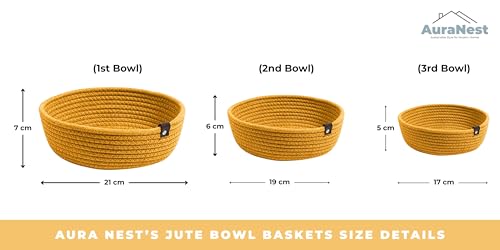 Image of AuraNest Set of 3 Cotton Rope Storage Baskets - Decorative Woven Organizer Bowls for Kitchen Counter, Fruits, Bread, Keys, Tabletop Storage & Modern Home Decor Nesting Basket Set (Yellwo)