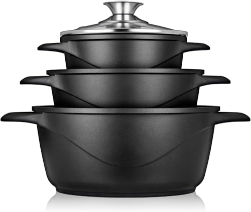 briebe Topfset Induktion 6-Teilig, Kochtopf Set 3 Töpfen aus Aluminiumguss, Antihaftbeschichtung ILAG GRANITEC ohne PFOA, Deckeln aus Glass, Topfhandschuhe Silikon, Glaskeramik, Gas, Ofen, MGK-18