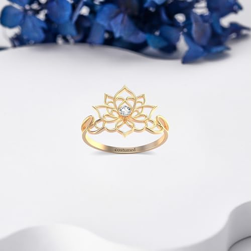 GEHN 10K/14K Real Gold Customized Lotus Ring 10K/14K Solid Gold Birthstone Rings Personalized Name Ring Engagement Wedding Promise Rings Jewelry Gifts for Women3