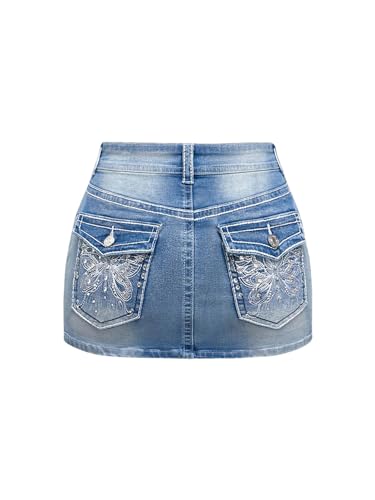 WDIRARA Women's Low Rise Butterfly Embroidery Bodycon Mini Denim Skirt Y2k Jean Skirt Light Blue X-Small
