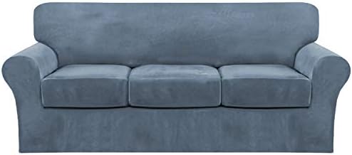 4 Piece Sofa Covers Velvet Couch Covers for 3 Cushion Couch Stretch Sofa Slipcover with Individual Seat Cushion Covers Elastic Furniture Protector for Pets, Machine Washable (Sofa,Stone Blue)