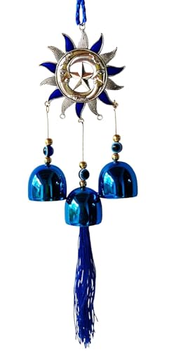 Image of Evil Eye Wind Chime Sunmoon Chakra with 3 Bells Blue for Home & Office Wall Hanging for Home Protection | Car Hanging | Brings Positive Vibes & Removes Negative Energy | Turkish Evil Eye Wind Chime