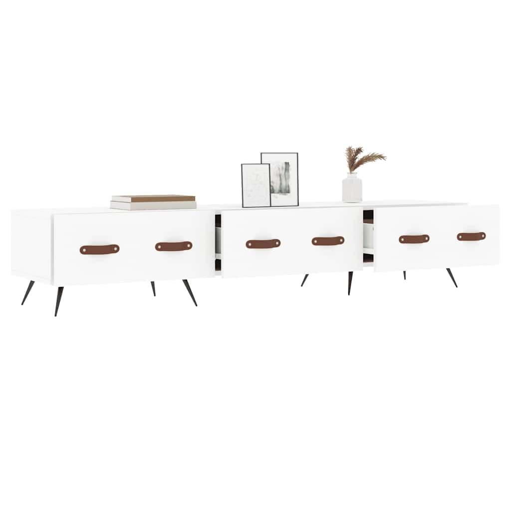 Szafka pod telewizor biała 150 x 36 x 30 cm, wytrzymały materiał drewnopochodny, 3 szuflady, żelazne nogi, stylowe meble multimedialne do salonu i sypialni, odporna na wilgoć
