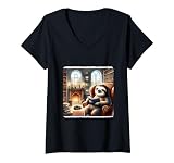 Damen Faultier-Lesung in einer gemütlichen Bibliothek mit einer Katze. Kaminbücher T-Shirt mit V-Ausschnitt ...