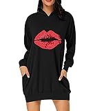 Hoodie Kleid Damen Weihnachts Oversize Long Kapuzen Sweatshirt Kleider Weihnachten Hoodies für Damen Langer Christmas Leoparden Hoodys Frauen Hoody Damen Mit Kapuze Kapuzenpullover Lippe Schwarz 3XL