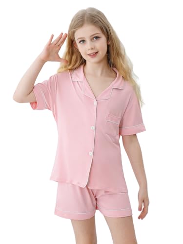 Umeyda Girls Pajamas Set Soft Short Sleeve Button-Down Sleepwea Nightwear 3Pjs Set Loungewear, 5-14 Years2