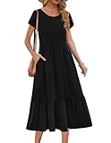 Zeagoo Damen Kurzarm Rundhals Sommerkleid A Linie Kleid Lose Midikleid Freizeitkleid Strandkleider mit Taschen Schwarz XL