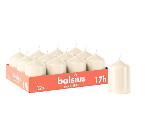 Bolsius - Lot de 12 bougies piliers lisses - Ivoire - 8 x 6 cm - Bougies décoratives pour la maison - Durée de combustion : 17 heures - Non parfumées - Contient de la cire végétale naturelle