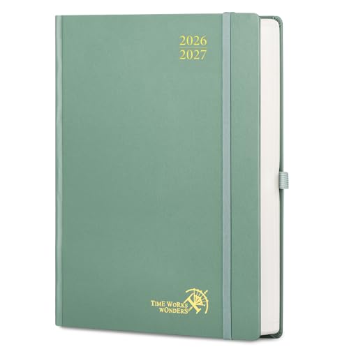 POPRUN Agenda 2026 2027 Codzienny A4, 22 x 30,5 cm, twarda okładka, 1 dzień 1 strona od poniedziałku do niedzieli z miesięcznymi zakładkami, gruby papier 80 GSM EU,Zielony Midnight