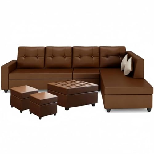 Image of FURNY Nathan 8 Seater Leatherette RHS L Shape Sofa Set with 1 Centre Table & 2 Puffy (Brown) Premium Finish | Durable Comfort | Ideal for Living Room