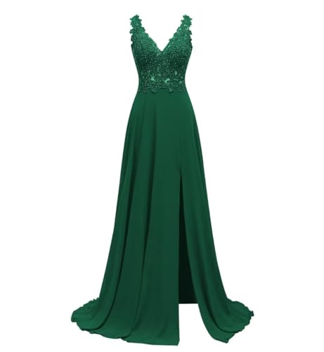 Emerald Green Dress for Women Formal Floor Length V-Neck Split Green Formal Dress Chiffon Lace Applique Green Bridesmaid Dress