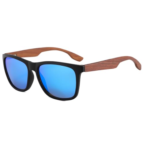 Long Keeper Walnut Wood Sunglasses for Women Men Classic Retro Square Sunglasses Wooden Driving Sun Glasses UV400 Protection (Black Blue)