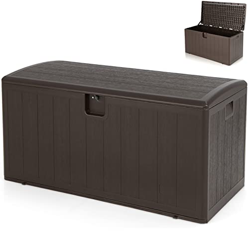 GiantexUK 400L Garden Storage Box, Lockable Weatherproof Deck Box with Linked Strap and Side Recessed Handles, Wood Effect Utility Chest Container for Indoor Outdoor
