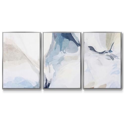 Renditions Gallery Abstract Wall Art White Blue Fresh Air Painting Modern Artwork Canvas Prints Wall Decorations for Bedroom and Bathroom-Silver Floater Frame-16”x24”x3 Panels, LS015