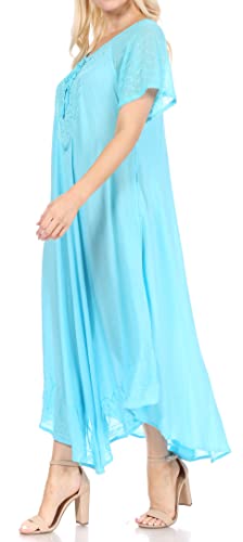 Image of Sakkas Egan Long Embroidered Caftan Dress /Cover Up with Embroidered Cap Sleeves