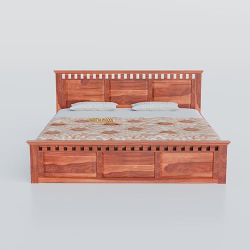 Image of AADITYA WOODS Solid Sheesham Wood King Bed Cot Without Storage | Wooden Bed for Bedroom | Multipurpose Use Cot Palang Diwan (Honey k1, King) (82 x 74 x 41 inch)